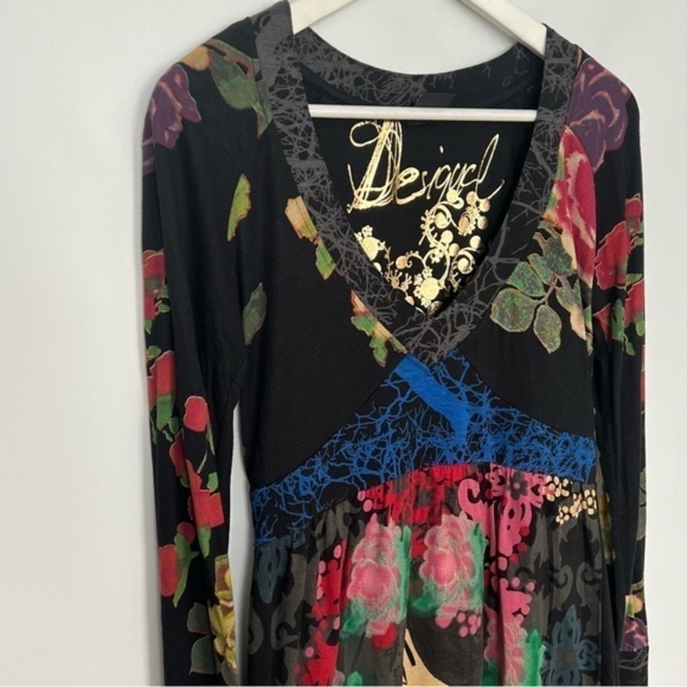 DESIGUAL V Neck Embroidered Multi Print Top Long Sleeve Small - Picture 3 of 12